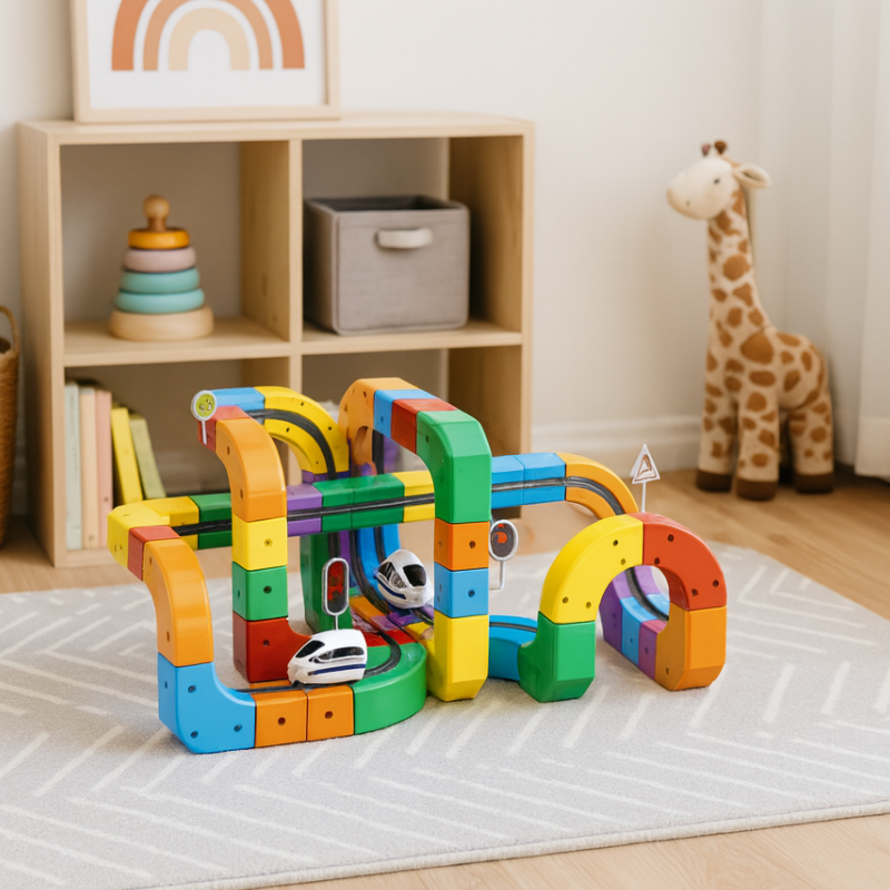 Jouet de train 3D avec cubes STEM en action