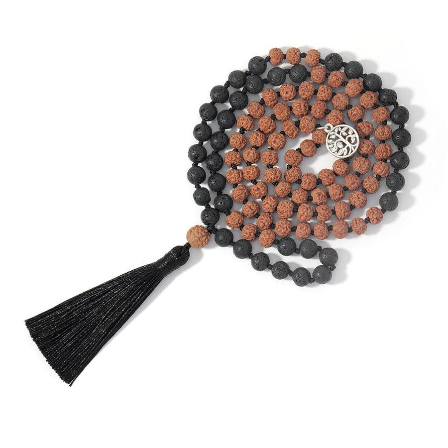 Mala en perles de Rudraksha et lave avec médaillon arbre de vie