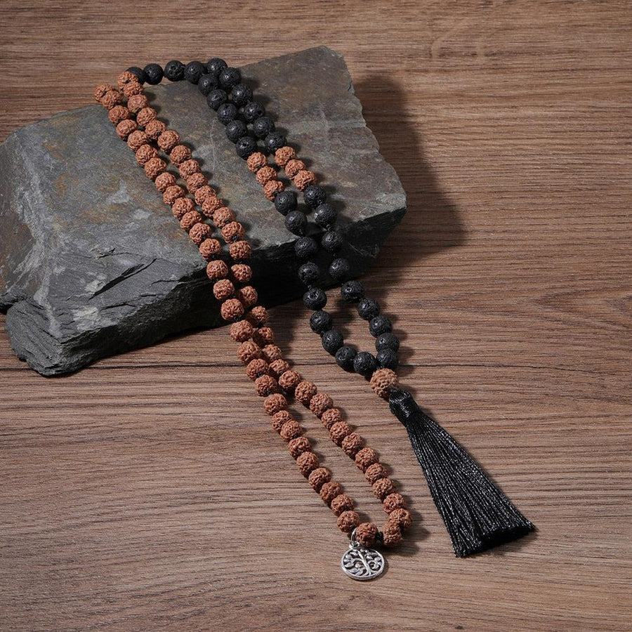 Mala complet avec perles de Rudraksha et pierre de lave noire