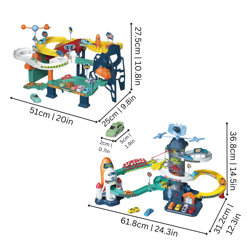 Piste de course enfant avec thème dinosaure et espace
