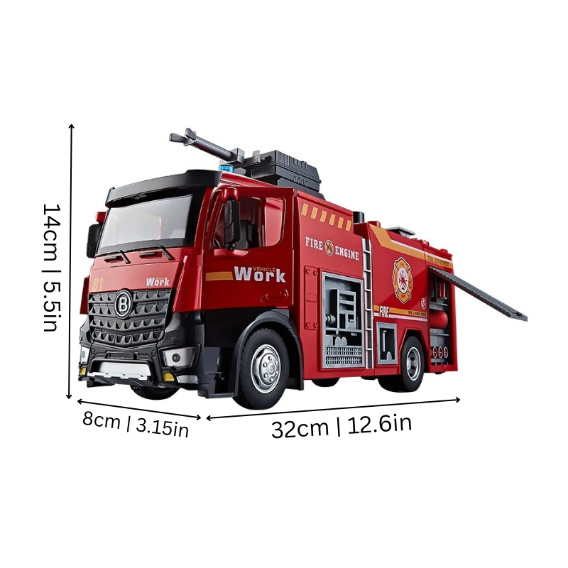 Camion de pompier rouge avec jets d'eau en action