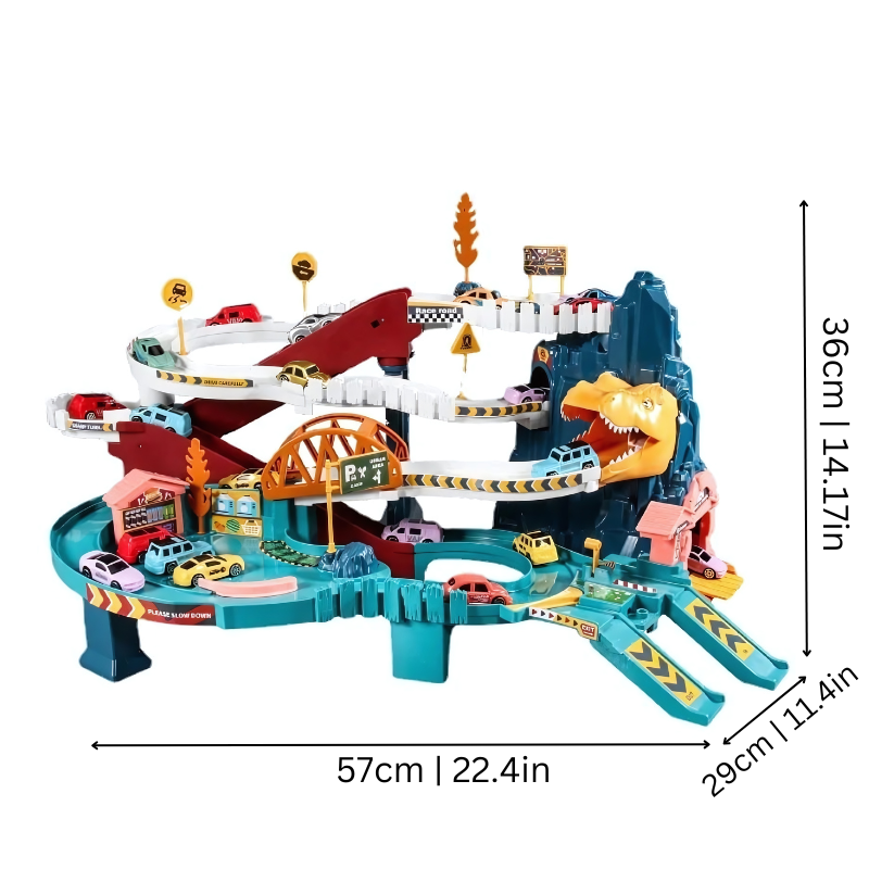 Vue d'ensemble du circuit multi-niveaux avec dinosaures et voitures