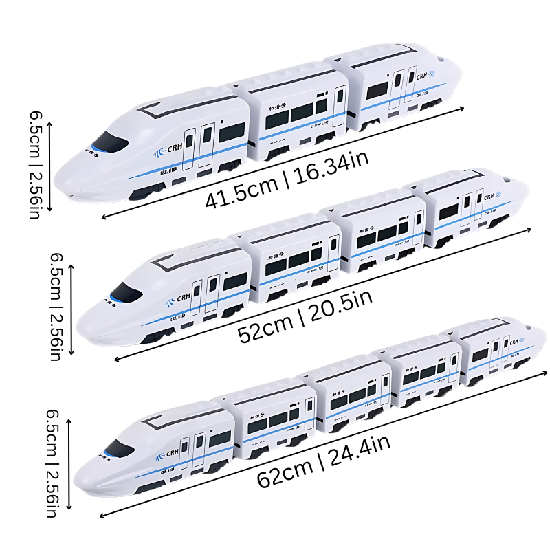 Vue de côté du train interactif sans rails en mouvement