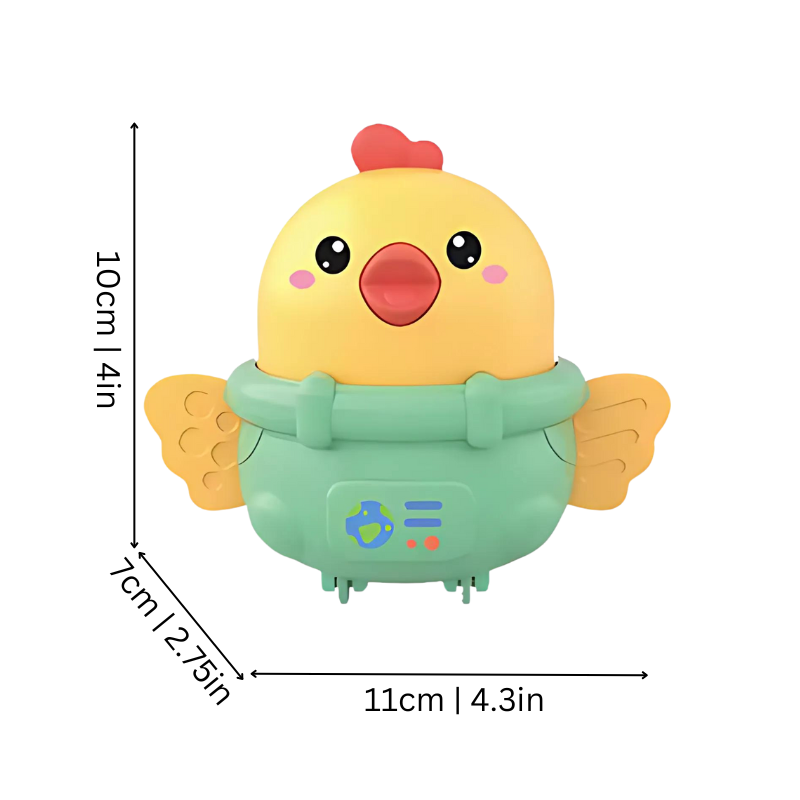 Quatre petites poules colorées en plastique sur fond blanc