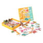 Puzzle en bois avec pièces d'animaux et fruits colorés
