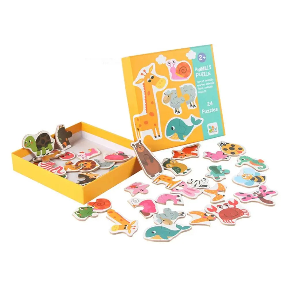 Puzzle en bois avec pièces d'animaux et fruits colorés
