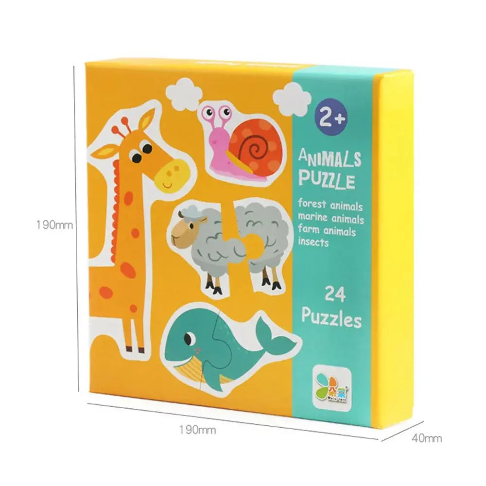 Pièces de puzzle en bois représentant divers fruits et animaux