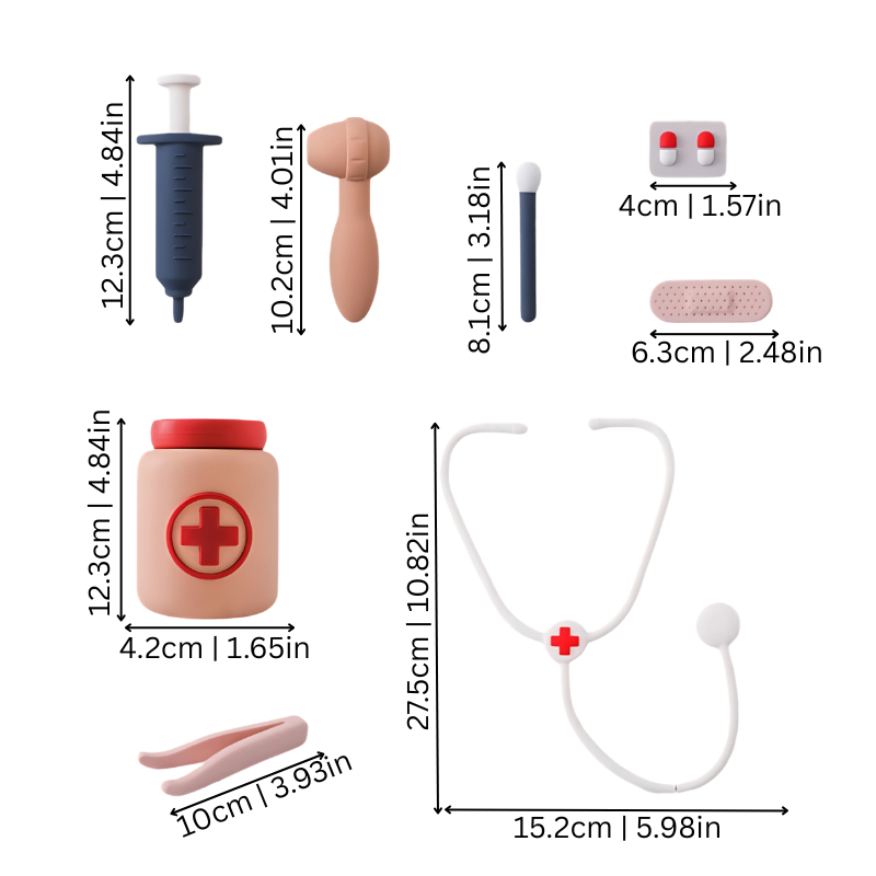 Dimensions du kit de médecin pour enfants sur fond blanc