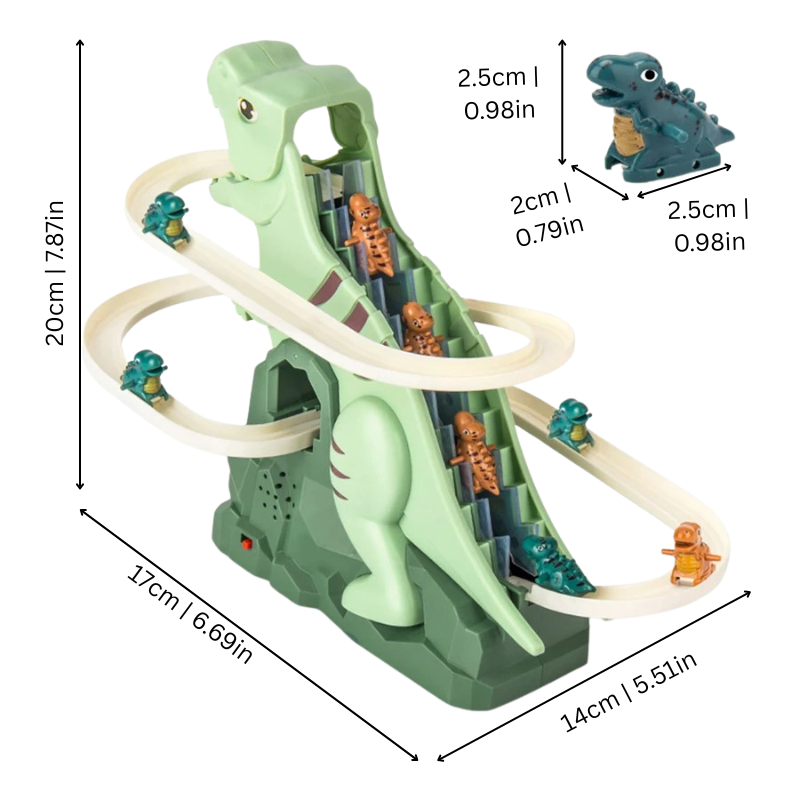 Vue de côté d'un circuit de course avec dinosaures colorés