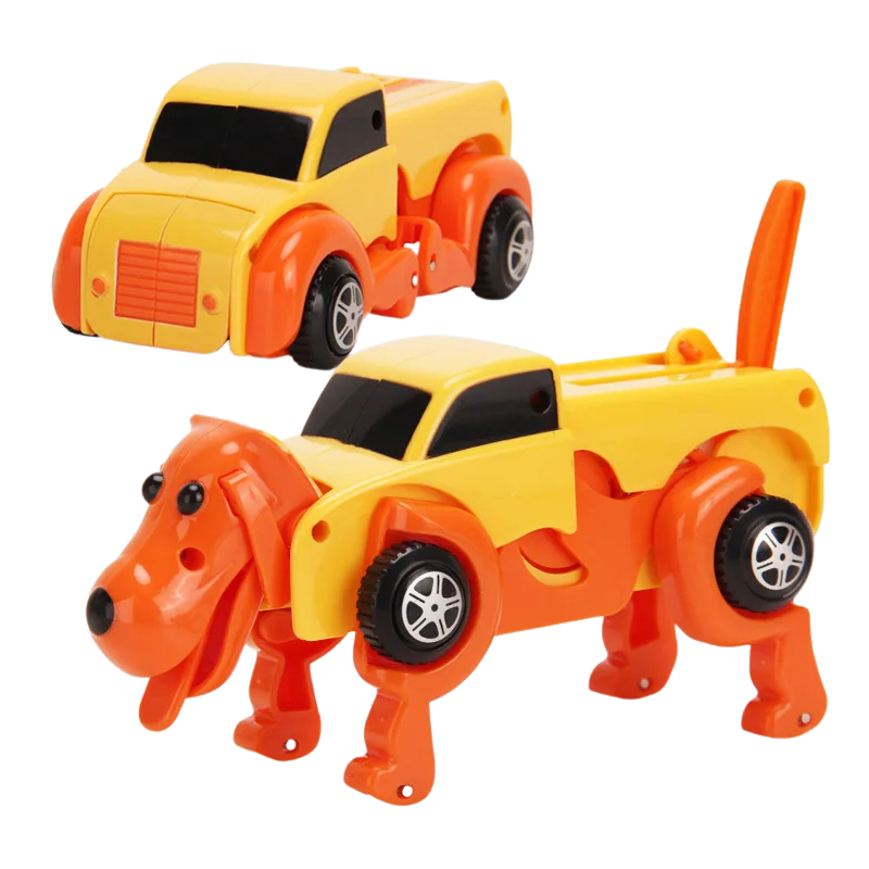 Voiture transformée en chien orange, jouet mécanique
