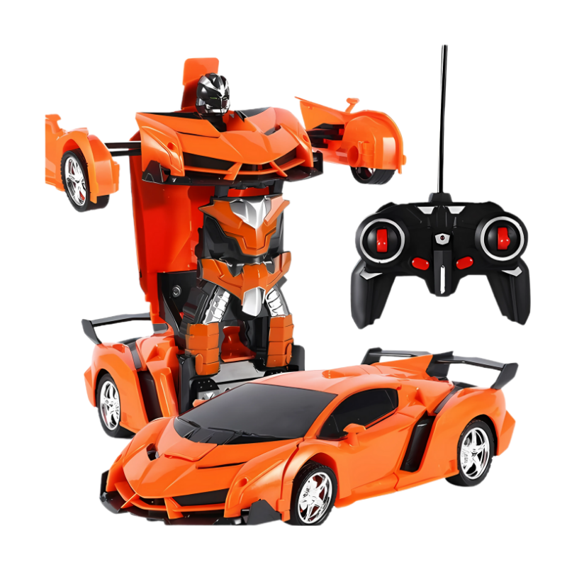 Voiture télécommandée transformable orange, éclairée par des LED
