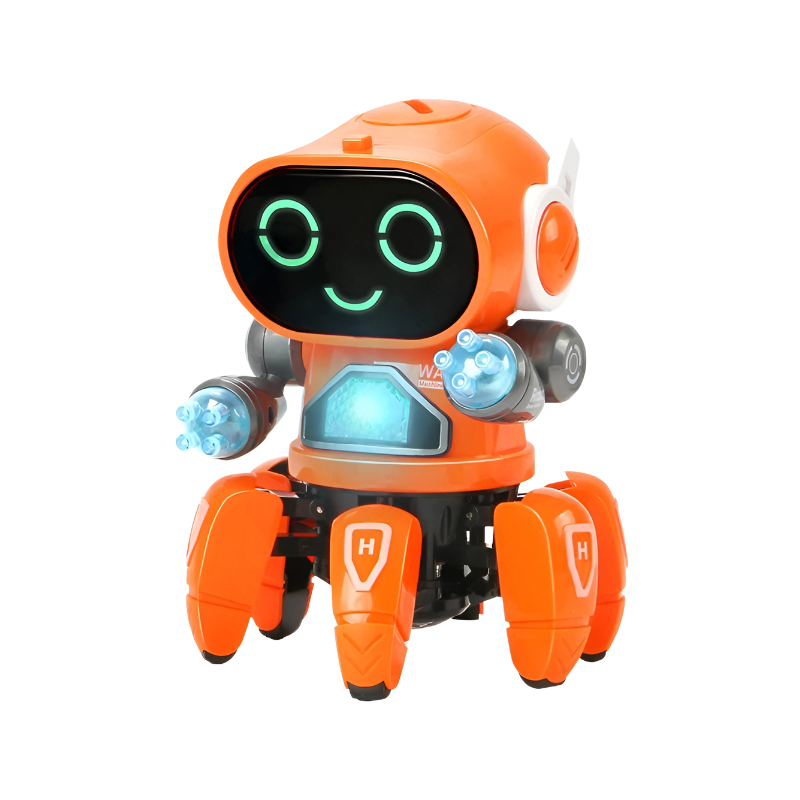 Robot orange en mouvement, lumières LED éclatantes