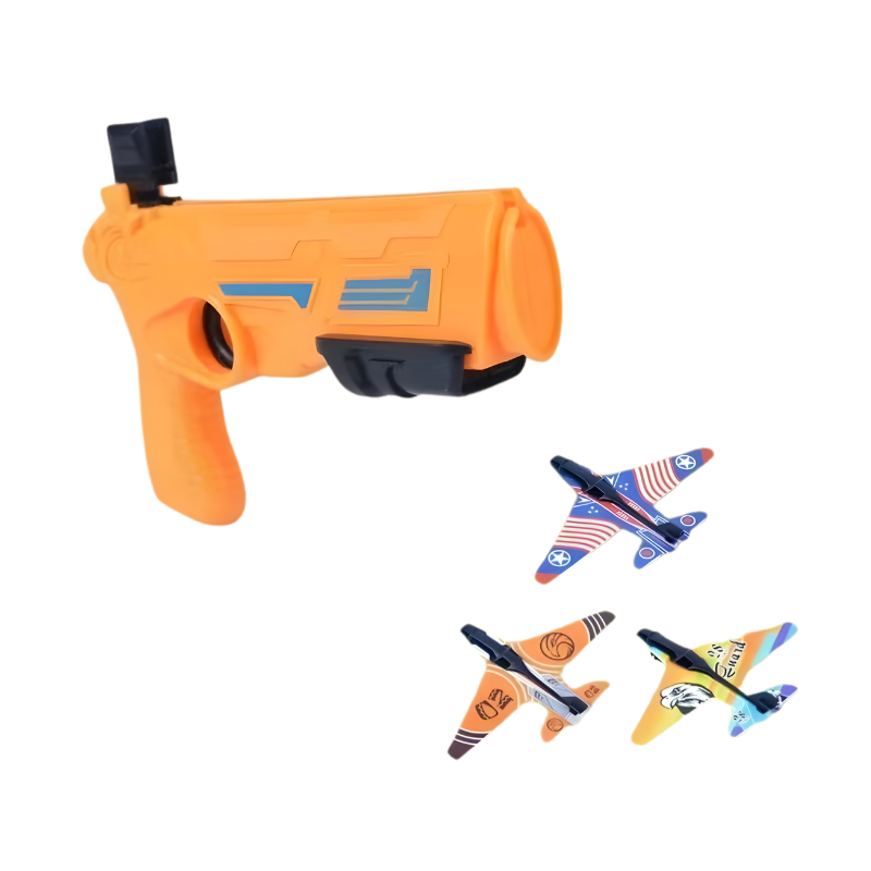 Avion en mousse orange prêt à être lancé