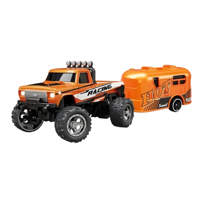 Mini monster truck RC orange avec remorque attachée