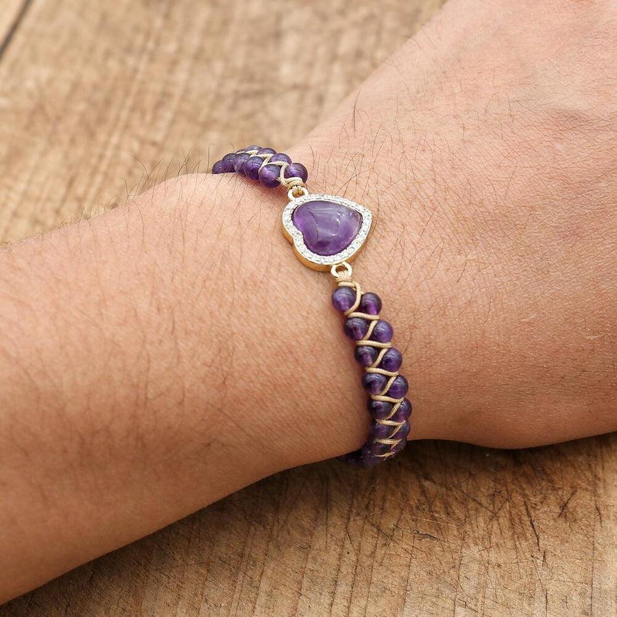 Bracelet Shamballa en améthyste avec cœur orné de strass