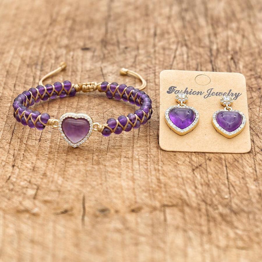 Parure élégante en améthyste et strass, bracelet et boucles