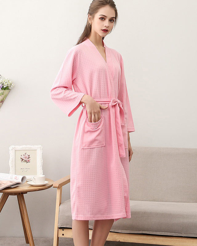 Peignoir Femme Léger En éponge - Col V, Manches Longues, Poches - Pour Sauna, Plage, Maison, Confortable