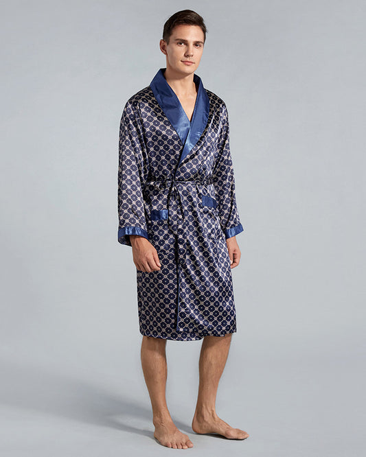Peignoir homme kimono satin bleu quadrillé luxe