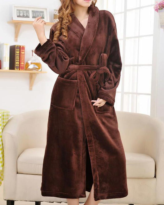 Peignoir femme polaire long et chaud marron uni