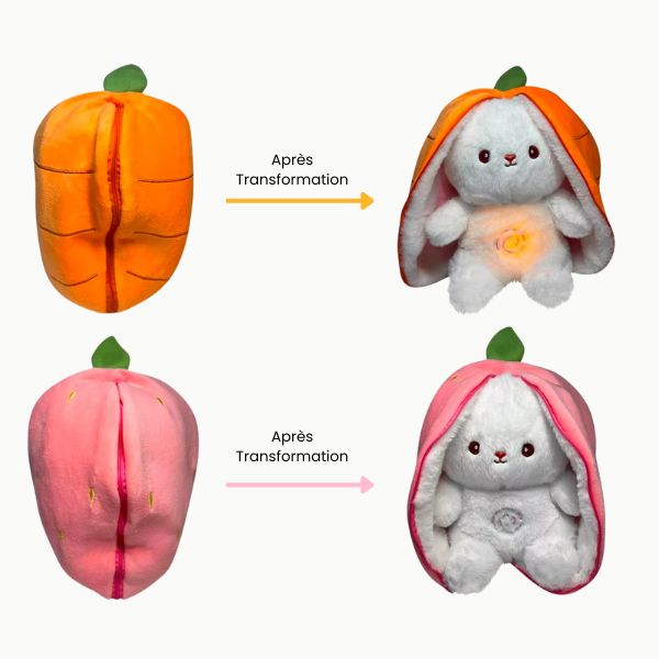 Peluche lapin veilleuse allumée et éteinte, vue de face