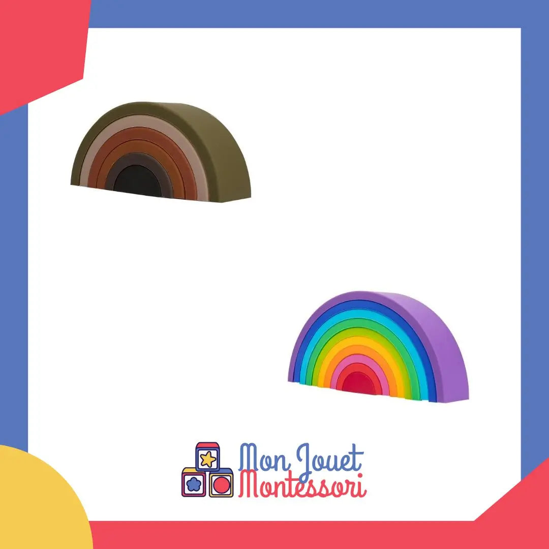 Pièces en bois pastel empilées pour former un arc-en-ciel