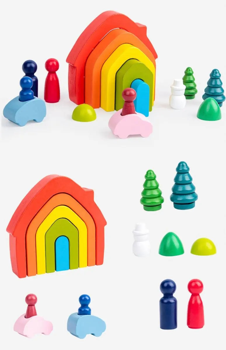 Blocs de construction en bois pastel formant un arc-en-ciel