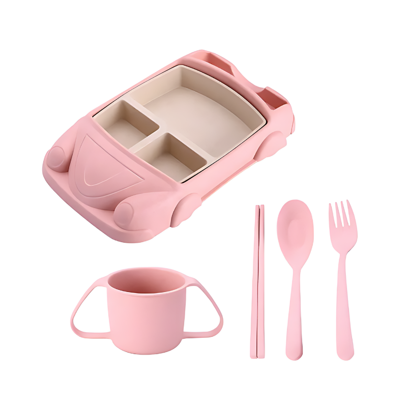 Assiette en forme de voiture rose avec compartiments