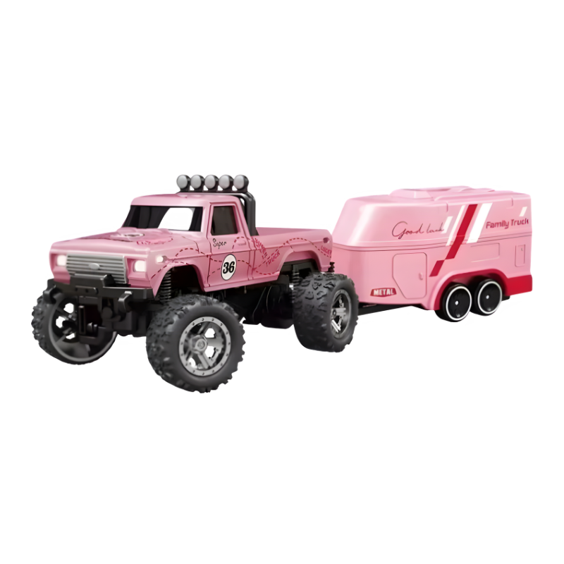 Mini monster truck RC rose avec remorque, en vue latérale