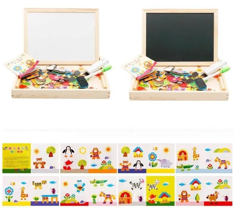 Enfant jouant avec un puzzle magnétique en bois sur une table
