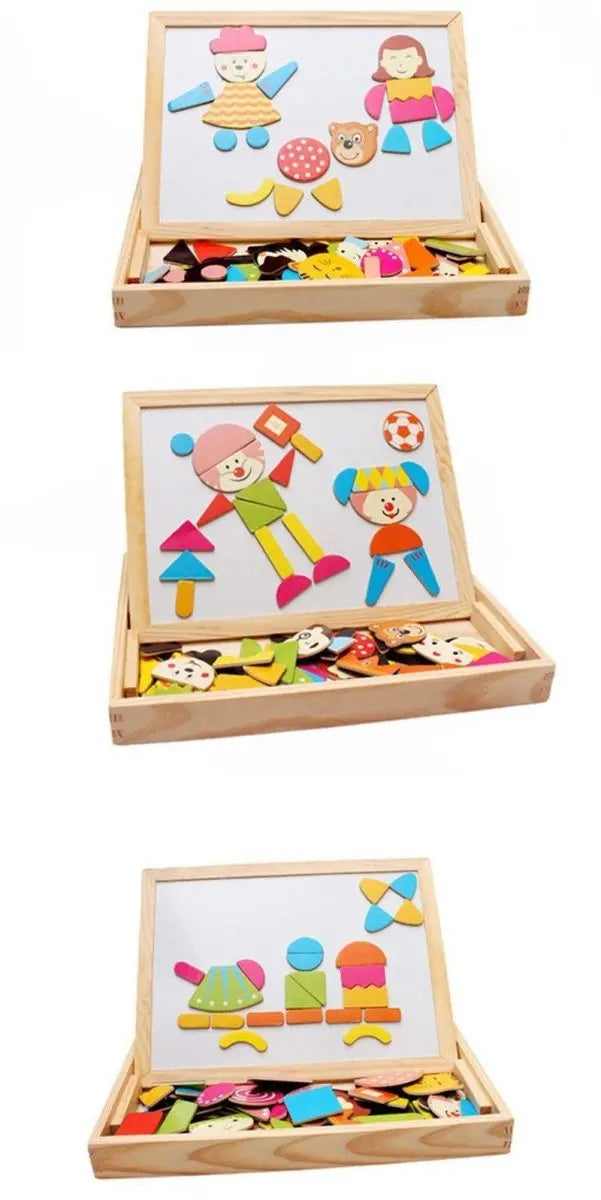 Collection de formes magnétiques colorées sur un support en bois