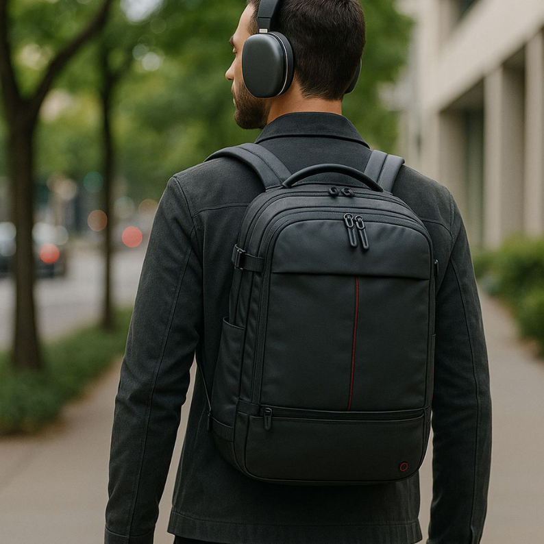 Homme utilisant une mini pompe à air portable en extérieur