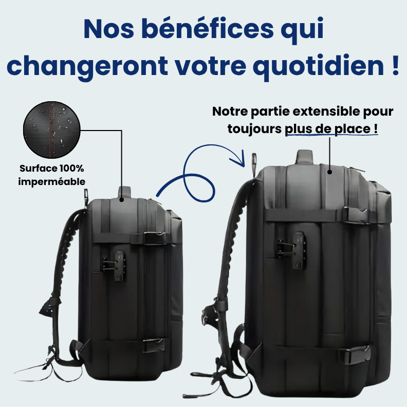 Vue latérale d'un sac à dos ouvert montrant l'intérieur