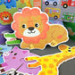 Puzzle en bois avec animaux colorés et boîte métallique