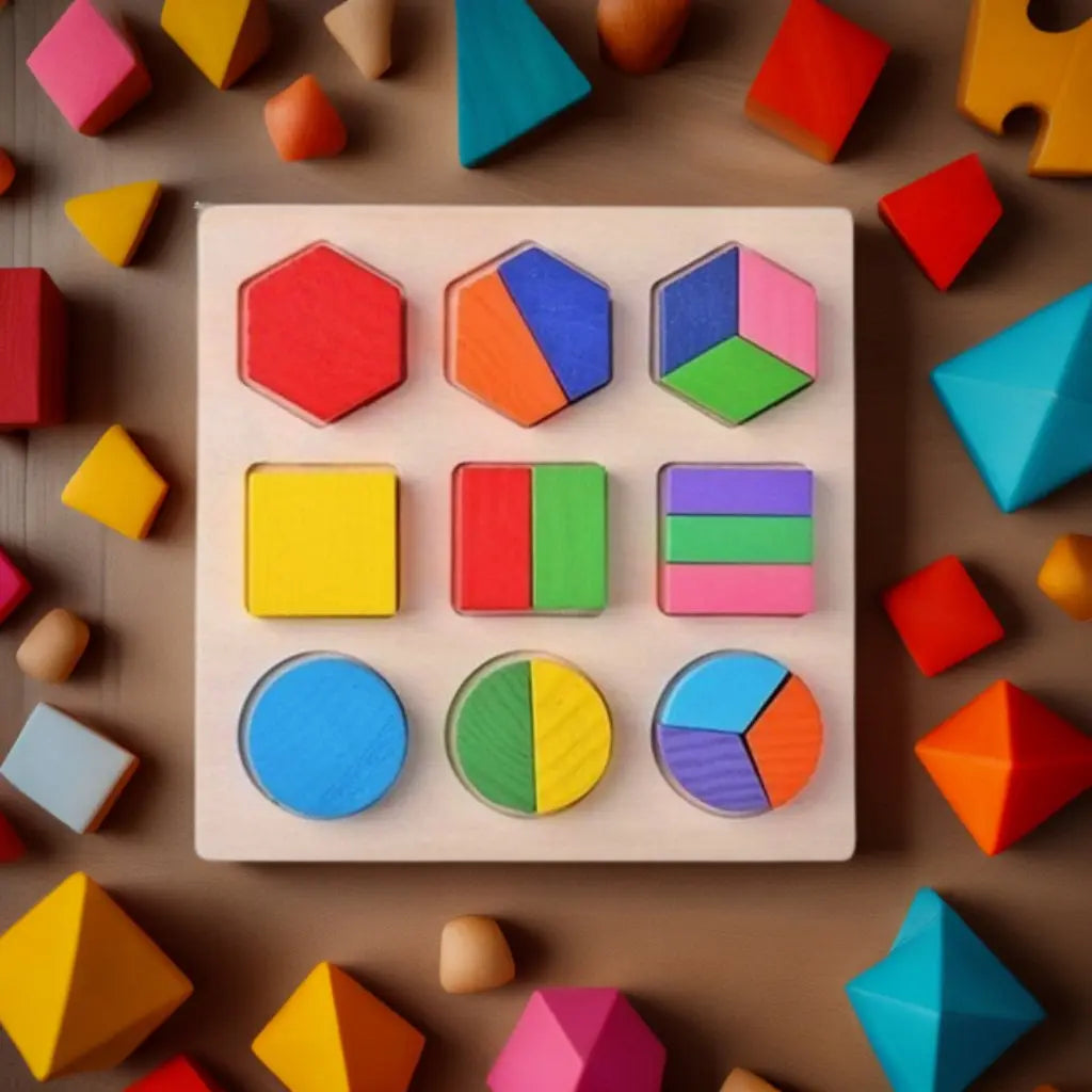Puzzle en bois avec formes géométriques colorées sur un plateau