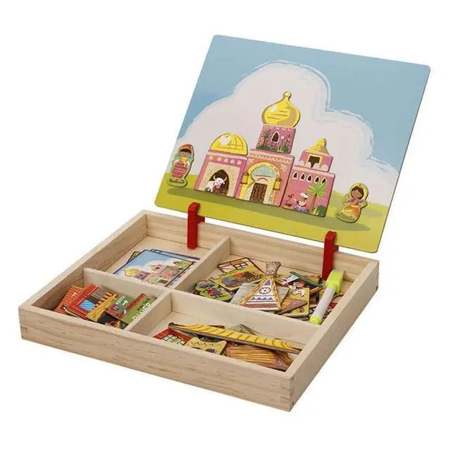 Enfant jouant avec un puzzle magnétique de bâtiments colorés