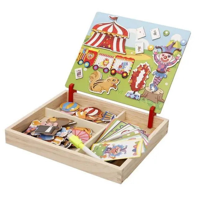 Pièces de puzzle en bois représentant des animaux de cirque colorés