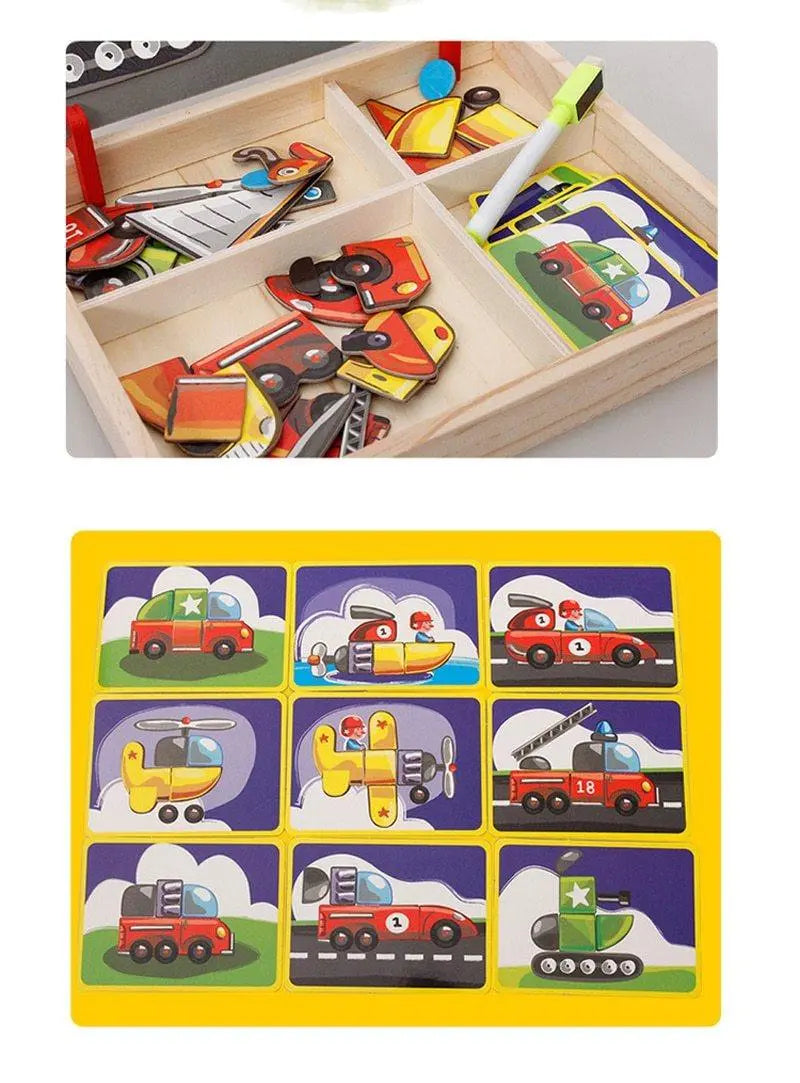 Puzzle magnétique en bois avec pièces de transport colorées