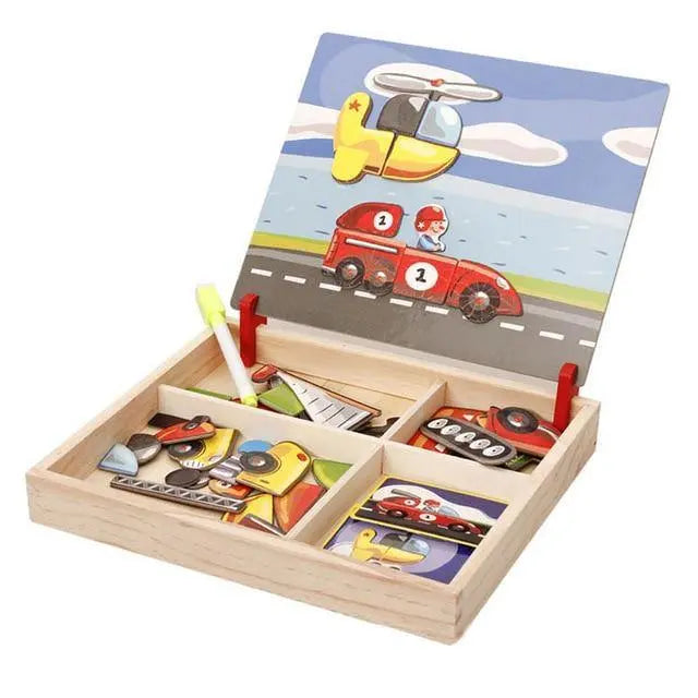 Puzzle éducatif en bois montrant des véhicules colorés pour enfants