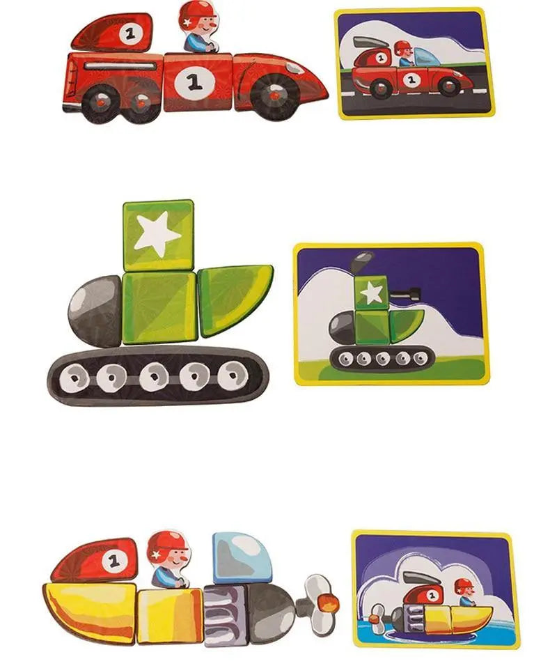 Enfant jouant avec un puzzle magnétique de voiture et hélicoptère