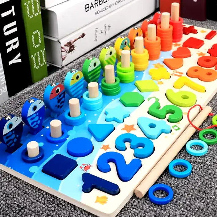 Enfant utilisant une canne magnétique pour pêcher des pièces de puzzle