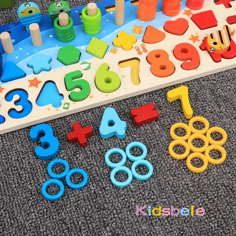 Puzzle éducatif en bois, pièces empilables et canne à pêche magnétique