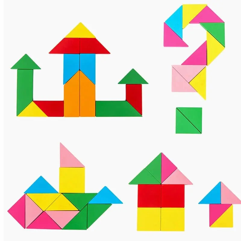 Tangram en bois avec formes géométriques colorées en désordre