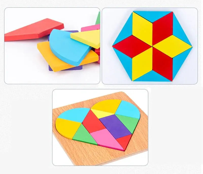 Assemblage partiel de pièces Tangram sur un plateau en bois