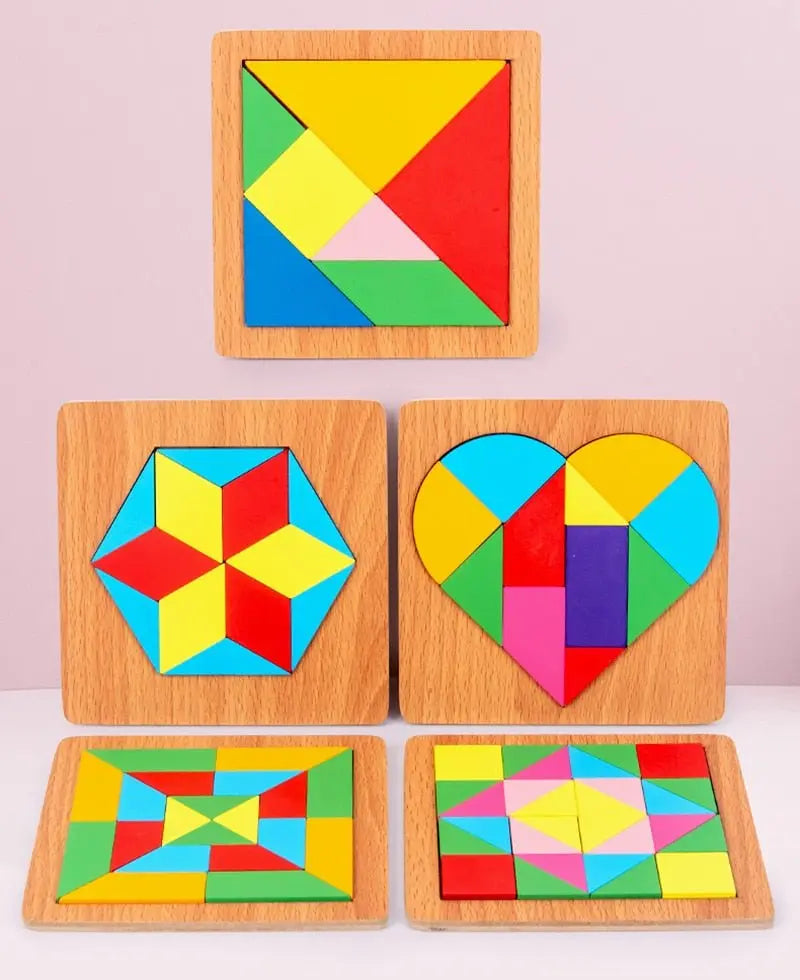 Vue d'ensemble d'un puzzle Tangram avec pièces colorées