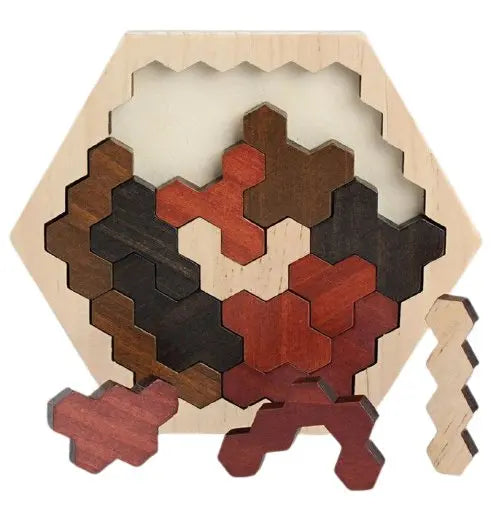 Puzzle Tangram en bois avec pièces hexagonales colorées