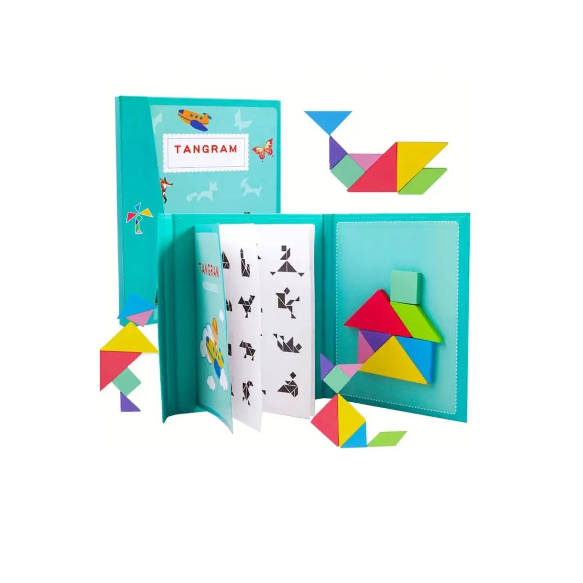 Ensemble de pièces Tangram magnétiques colorées en bois