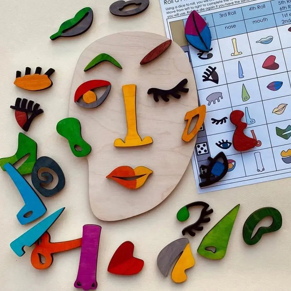 Pièces de puzzle en bois montrant différentes parties du visage