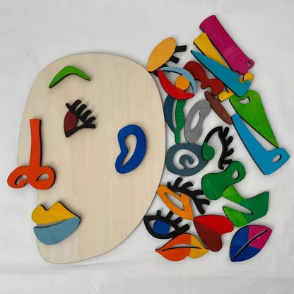 Détails des pièces de puzzle en bois, incluant yeux et bouches
