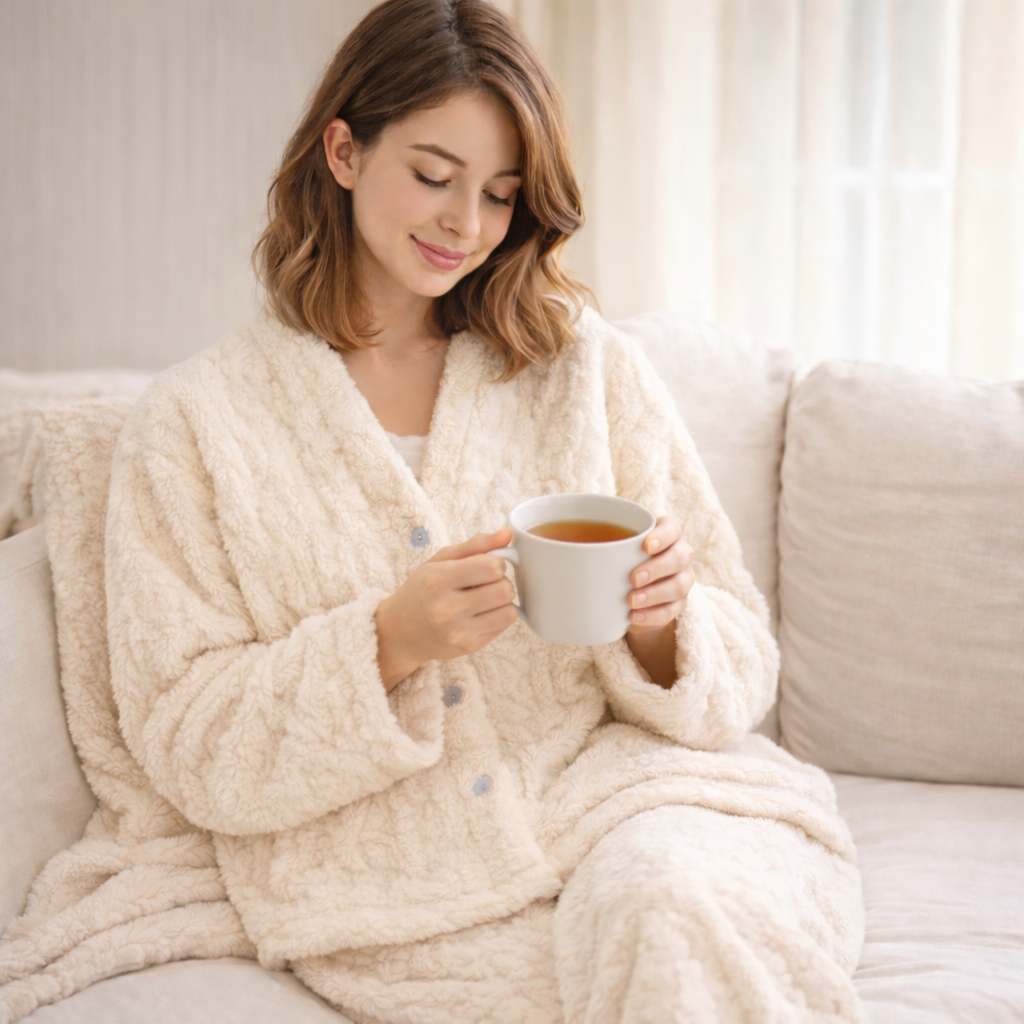 Ensemble pyjama crème doux avec boutons et motifs