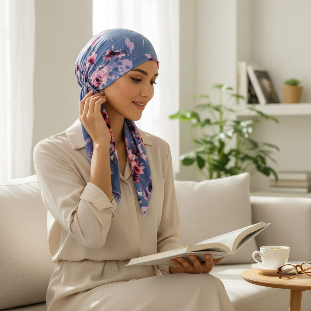 Vue rapprochée du foulard chimio élégant à motifs